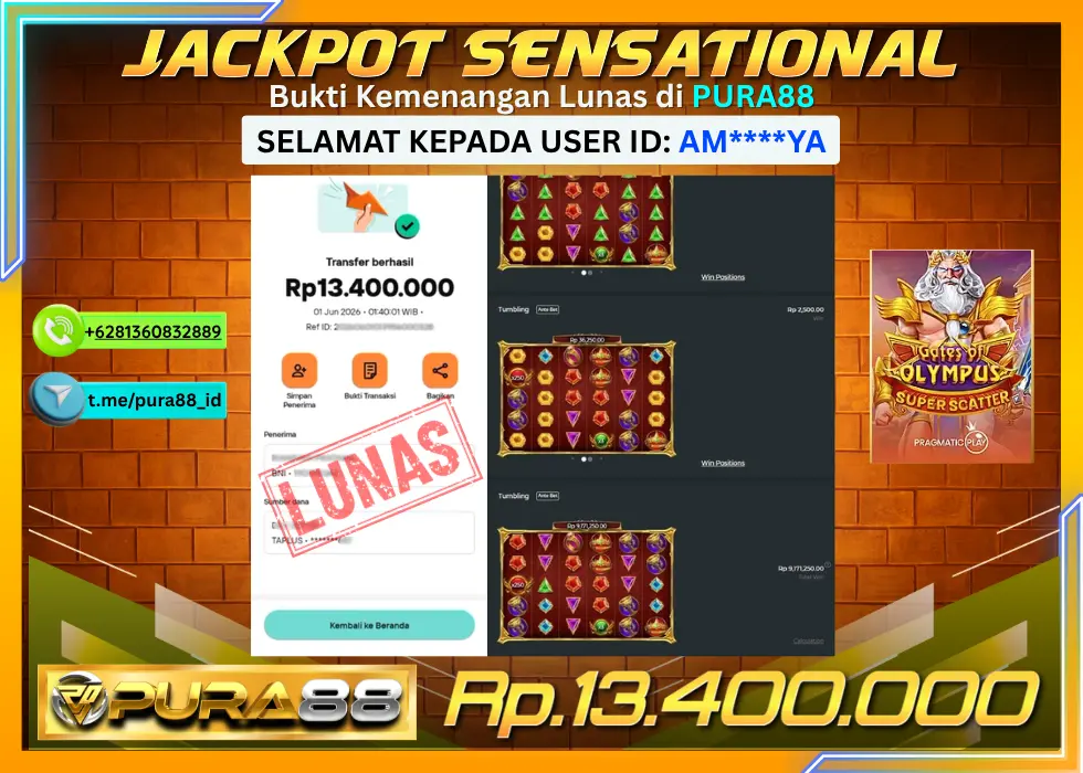 PURA88 JACKPOT GATES OF OLYMPUS SUPER SCATTER Rp 13.400.000,- LUNAS